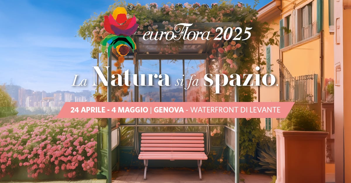 Immagine della locandina di Euroflora con una panchina con intorno fiori e piante e la scritta "la natura si fa spazio"